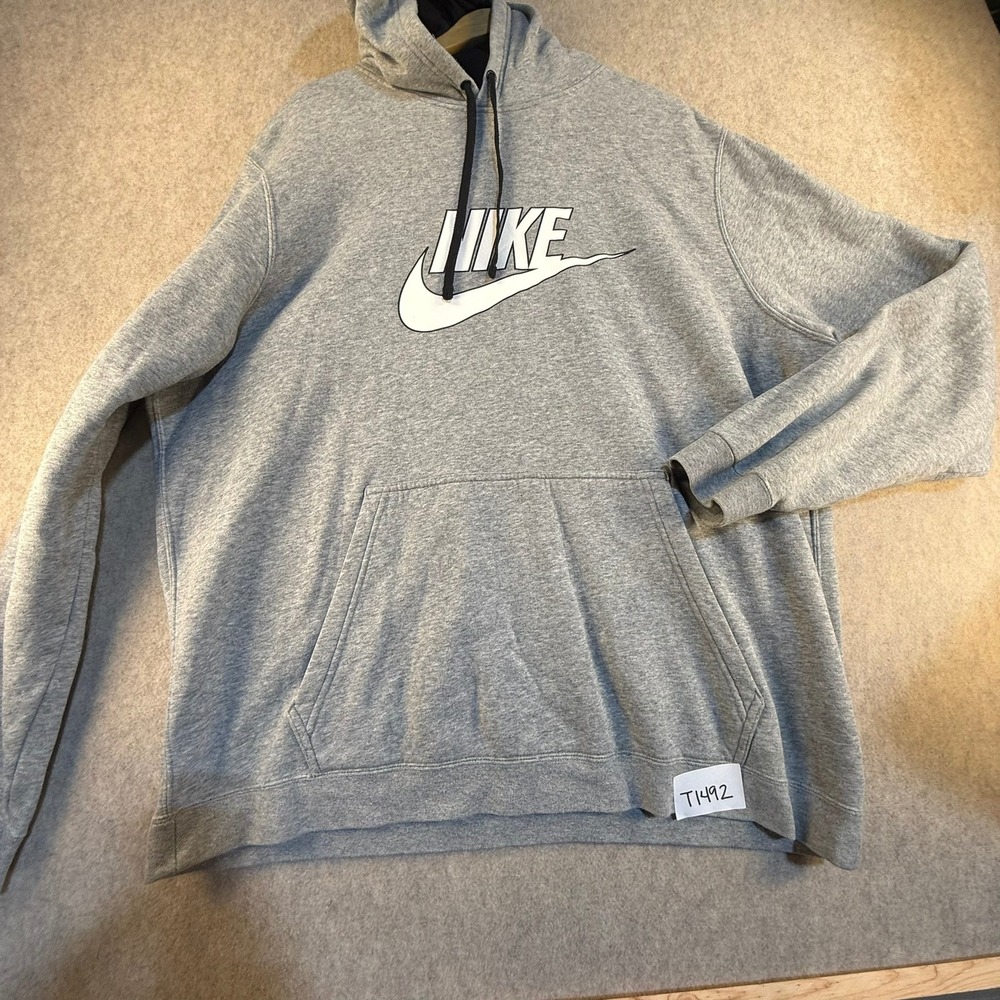 Nike‎ Mens XXL Gray Futura Logo Hoodie Pullover Fleece Sweatshirt Heather Gray